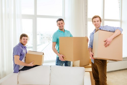 Packed office equipment prepared for relocation service in Soho